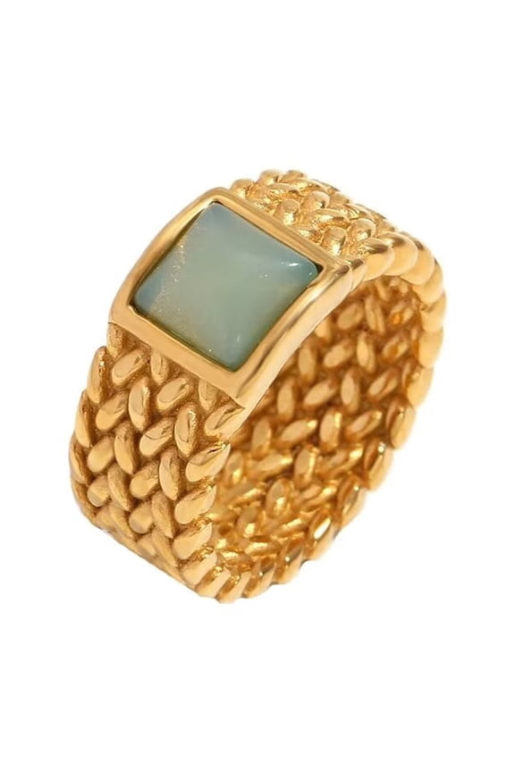Women's Braided Square Natural Stone Ring for Stainless Steel Vintage Minimalist Couple Band Jewelry Gold Size 7