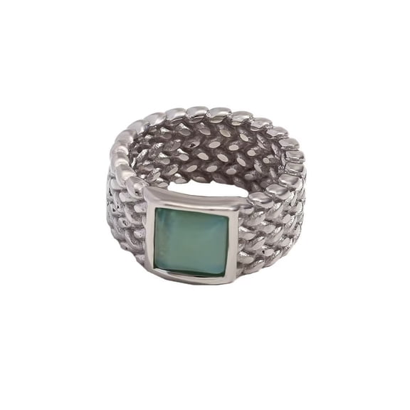 HIJONES Women's Braided Square Natural Stone Ring for Stainless Steel Vintage Minimalist Couple Band Jewelry Silver Size 8