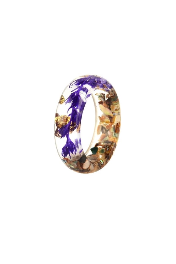 Women's Colorful Dried Flower Resin Ring Band Transparent Acrylic Natural Style Jewelry for Wedding Anniversary Purple Size 10