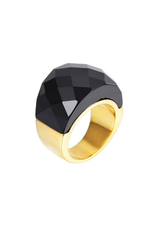 Women's Crystal Stone Stainless Steel Statement Ring Vintage Cocktail Party Jewelry, Gold Plated Black Size 7