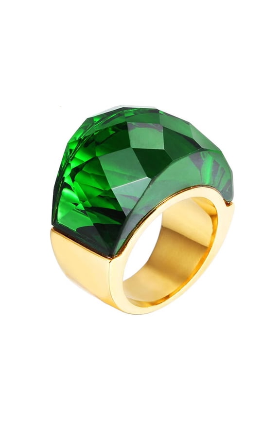 Women's Crystal Stone Stainless Steel Statement Ring Vintage Cocktail Party Jewelry, Gold Plated Green Size 7