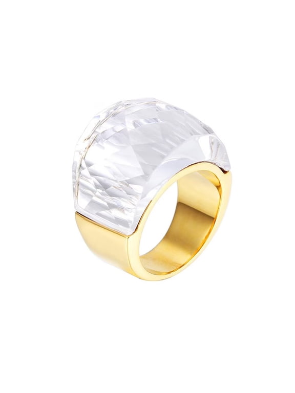 Women's Crystal Stone Stainless Steel Statement Ring Vintage Cocktail Party Jewelry, Gold Plated White Size 7