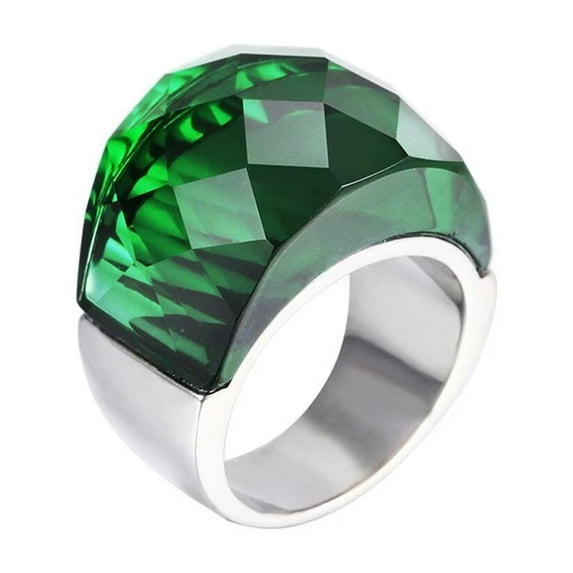 HIJONES Women's Crystal Stone Stainless Steel Statement Ring Vintage Cocktail Party Jewelry, Silver Green Size 6