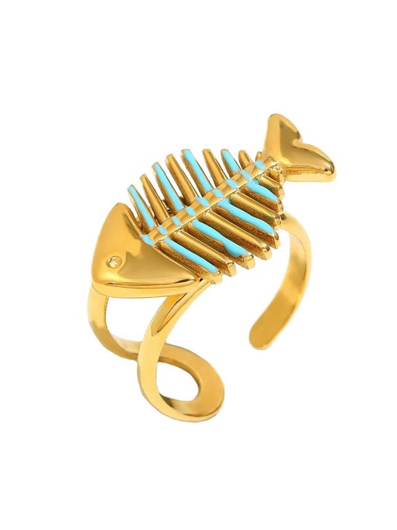 Women's Drip Oil Fish Bone Stainless Steel Ring Personalized Exaggerated Adjustable Open Ring Band Jewelry Gold