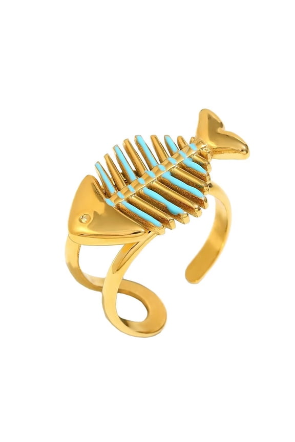 Women's Drip Oil Fish Bone Stainless Steel Ring Personalized Exaggerated Adjustable Open Ring Band Jewelry Gold
