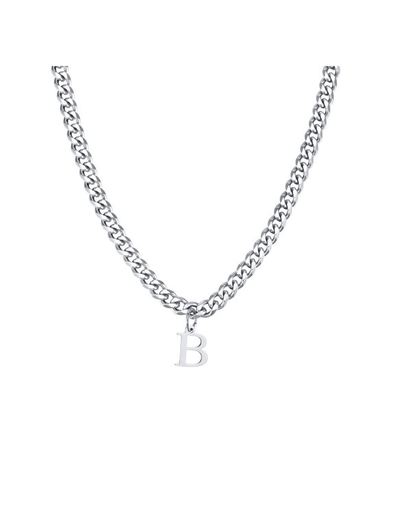 Women's Men's Stainless Steel 26 Initial Alphabet Necklace Pendant Hip Hop Chunky Chocker Link Chains Silver B
