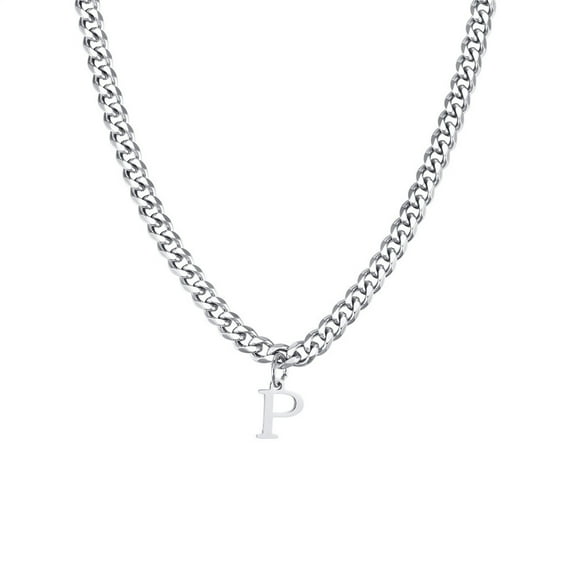 HIJONES Women's Men's Stainless Steel 26 Initial Alphabet Necklace Pendant Hip Hop Chunky Chocker Link Chains Silver P