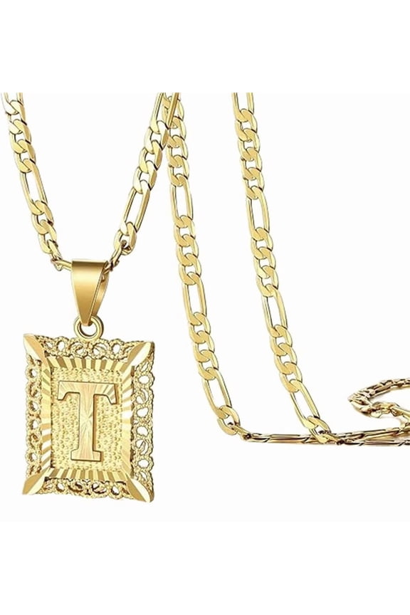 Women's Men's Stainless Steel Hip Hop Alphabet Engraved Pendant Necklace Square A-Z 26 Letter Charms with NK Link Chains Gold T
