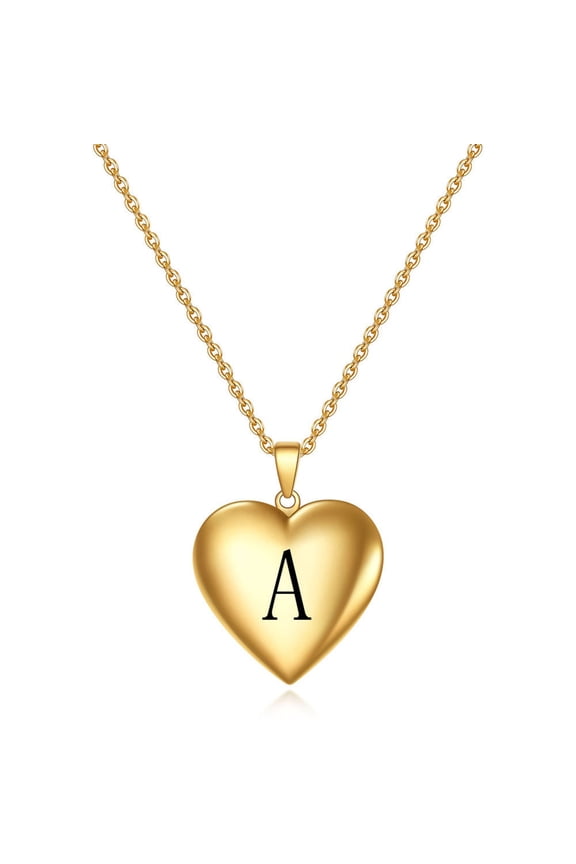 Women's Men's Stainless Steel Initial Open Love Heart Locket Photo Necklace Holds Pictures Pendant Birthday Gifts Gold A