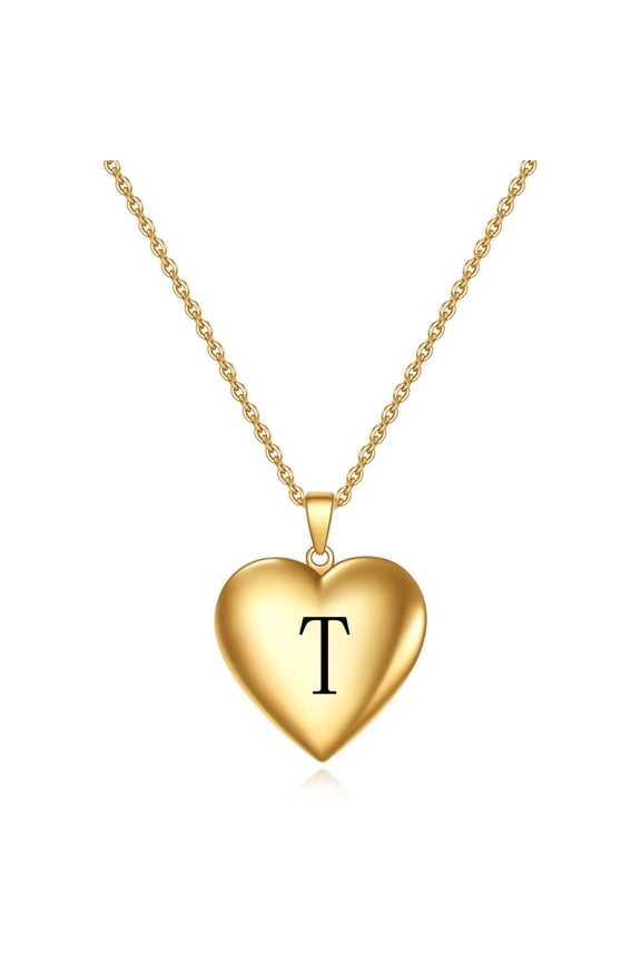 Women's Men's Stainless Steel Initial Open Love Heart Locket Photo Necklace Holds Pictures Pendant Birthday Gifts Gold T