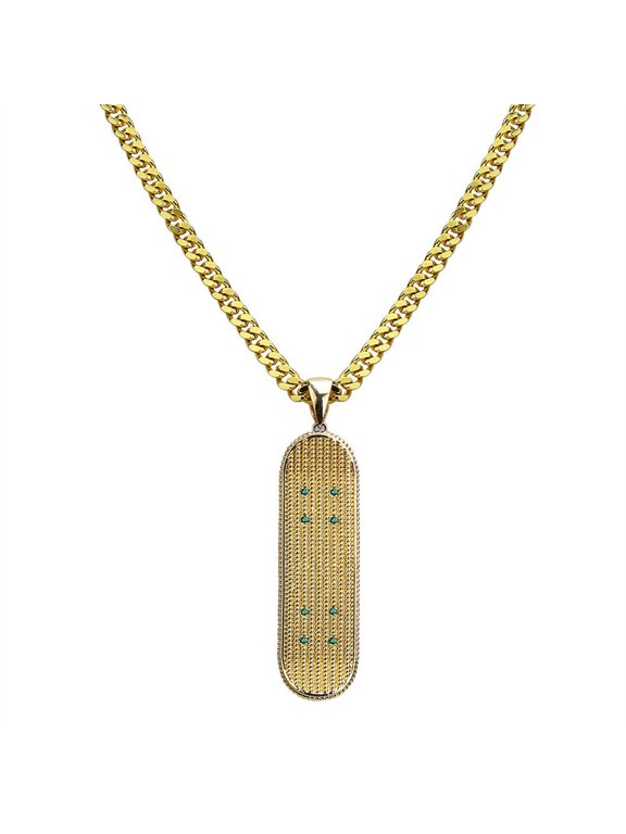 Women's Men's Stainless Steel Long Square Skateboard Pendant Goth Statement Necklace Green Zirconia Inlaid Jewelry Gold
