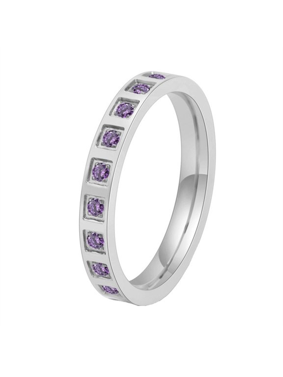 Women's Men's Stainless Steel Multi-color Cubic Zirconia inlay Skinny Wedding Ring Silver Purple Stone Size 10