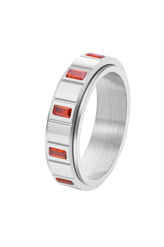 Women's Men's Stainless Steel Rectangular Cubic Zircon Fidget Turnable Band Worry Wedding Engagement Rings Silver Red Stone Size 10