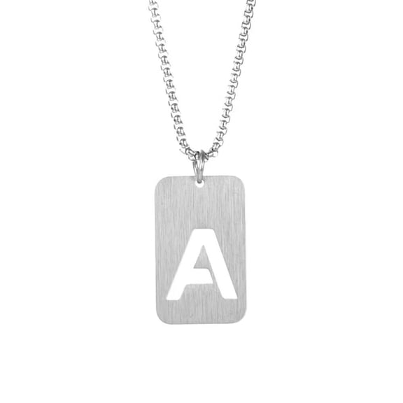 HIJONES Women's Men's Stainless Steel Square Hollow Initial 26 Letter Name Couple Necklace Charm Alphabet Dog Tag Chain Gift Silver A