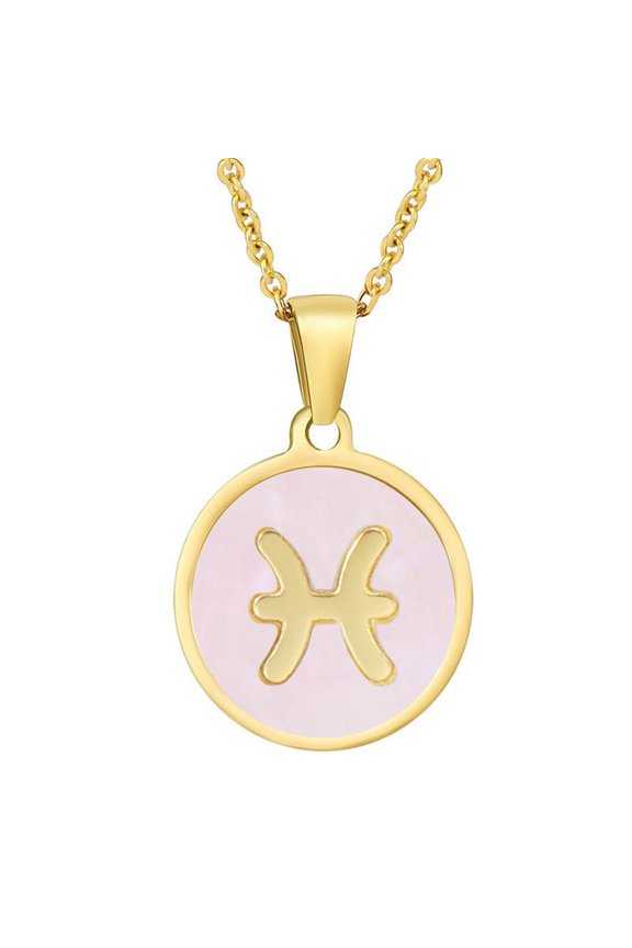 Women's Minimalist Round Constellation Horoscope Pendant Necklace Stainless Steel Birth Star Sign Personalized Pendant Chain Jewelry Pink Pisces