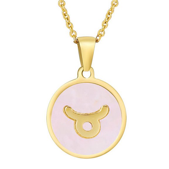 HIJONES Women's Minimalist Round Constellation Horoscope Pendant Necklace Stainless Steel Birth Star Sign Personalized Pendant Chain Jewelry Pink Taurus