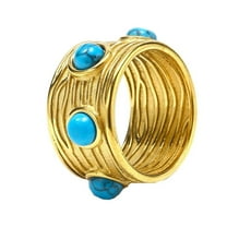 HIJONES Women's Natural Gemstone Turquoise Stainless Steel Statement Ring Band Finger Jewelry Blue Size 8