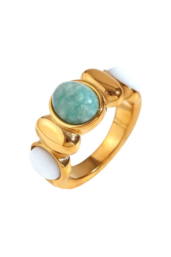 Women's Oval White Green Stone Ring for Stainless Steel Vintage Minimalist Couple Band Jewelry Gold Size 6