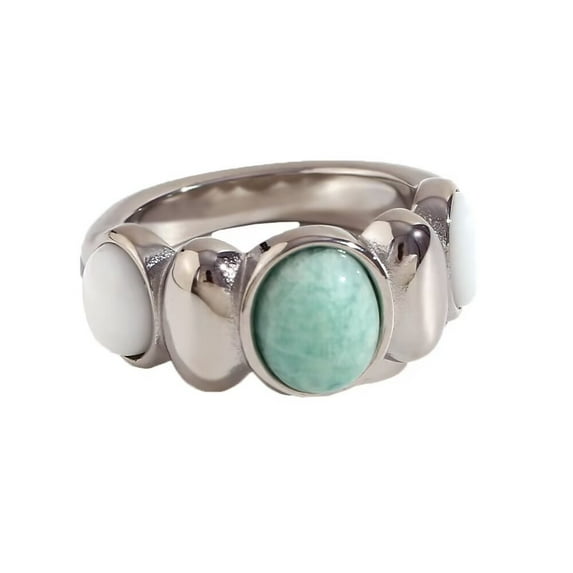HIJONES Women's Oval White Green Stone Ring for Stainless Steel Vintage Minimalist Couple Band Jewelry Silver Size 8