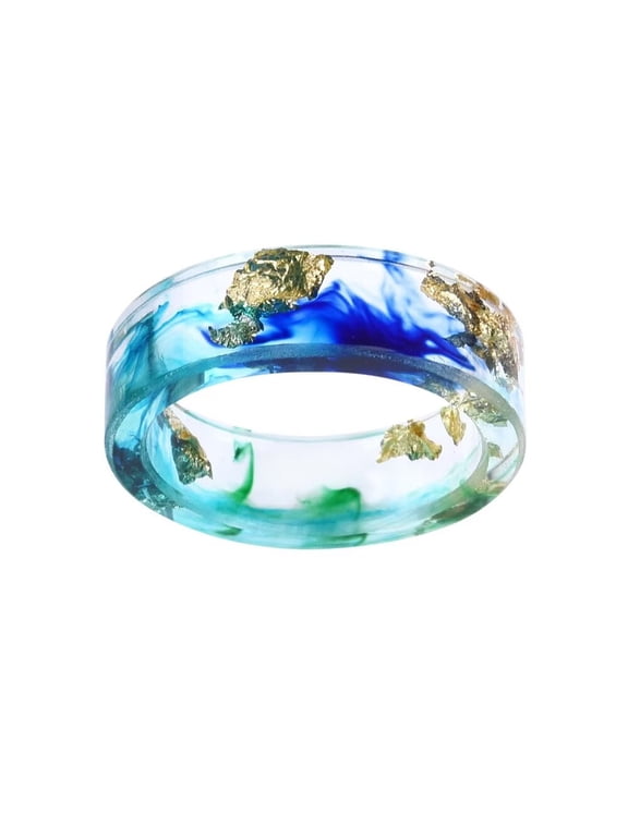 Women's Pressed Dried Flower Plant Resin Ring Band Transparent Acrylic Natural Style Jewelry for Dark Blue Size 8
