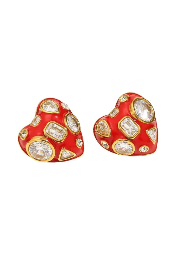 Women's Red Drip Oil White Zirconium Stud Earrings Personalized Stainless Steel Different Shape Diamond Ear Ornament Love Heart
