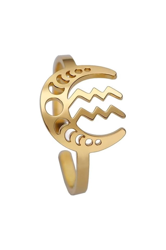 Women's Stainless Steel 12 Celestial Sign Constellation Geometric Moon Hollow Rings Gifts for Birthday Open Rings Gold Aquarius Adjustable