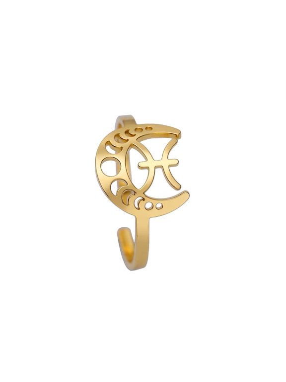 Women's Stainless Steel 12 Celestial Sign Constellation Geometric Moon Hollow Rings Gifts for Birthday Open Rings Gold Pisces Adjustable