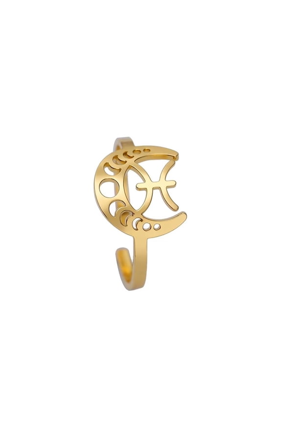 Women's Stainless Steel 12 Celestial Sign Constellation Geometric Moon Hollow Rings Gifts for Birthday Open Rings Gold Pisces Adjustable