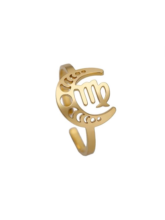 Women's Stainless Steel 12 Celestial Sign Constellation Geometric Moon Hollow Rings Gifts for Birthday Open Rings Gold Virgo Adjustable