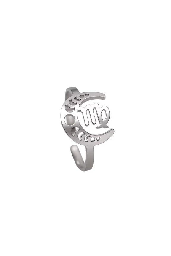 Women's Stainless Steel 12 Celestial Sign Constellation Geometric Moon Hollow Rings Gifts for Birthday Open Rings Silver Virgo Adjustable