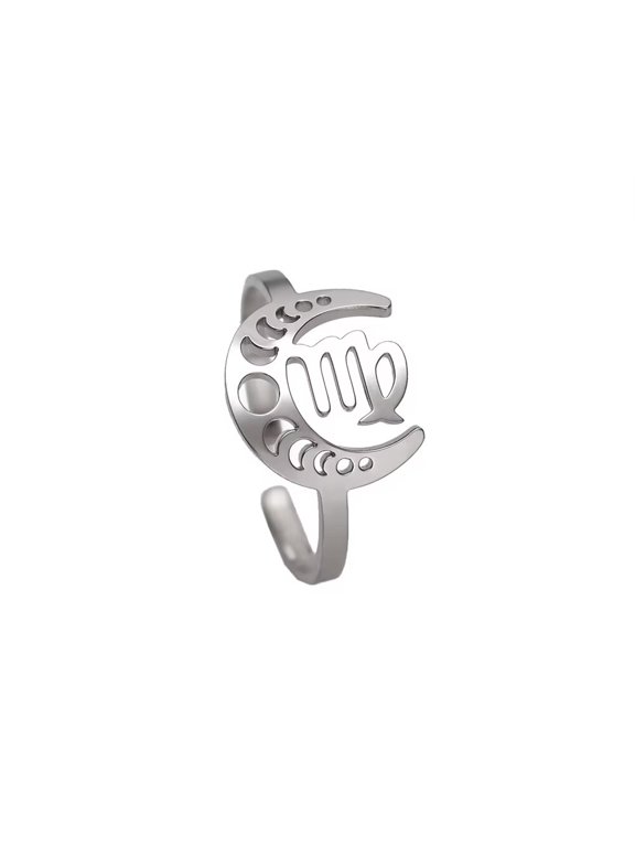 Women's Stainless Steel 12 Celestial Sign Constellation Geometric Moon Hollow Rings Gifts for Birthday Open Rings Silver Virgo Adjustable