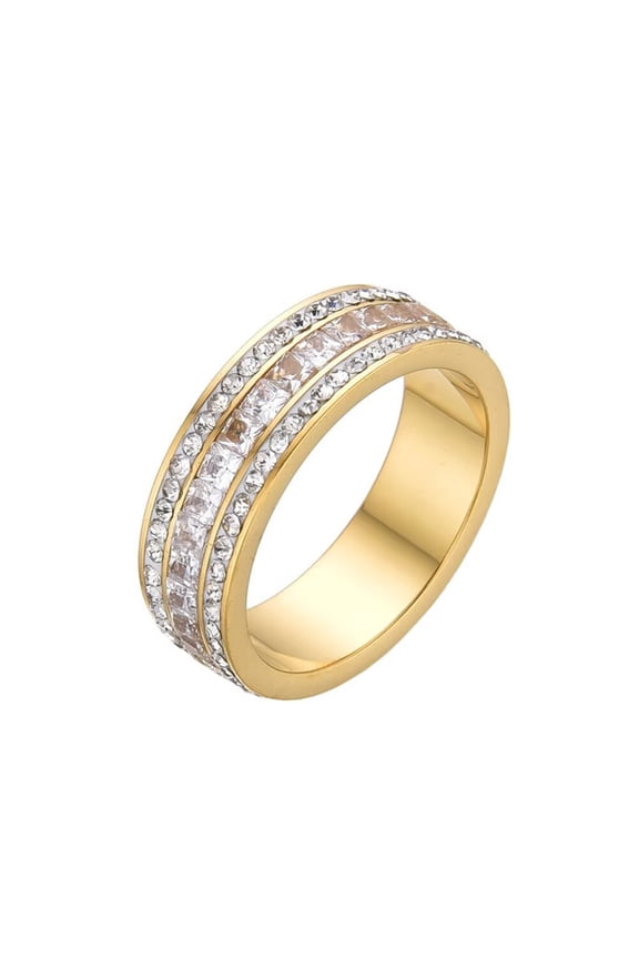 Women's Stainless Steel 3 Rows Eternity Micro Pave Cz Stackable Ring Tiny Gold Plated Cubic Zirconia Inlaid Wedding Band Gold Size 13