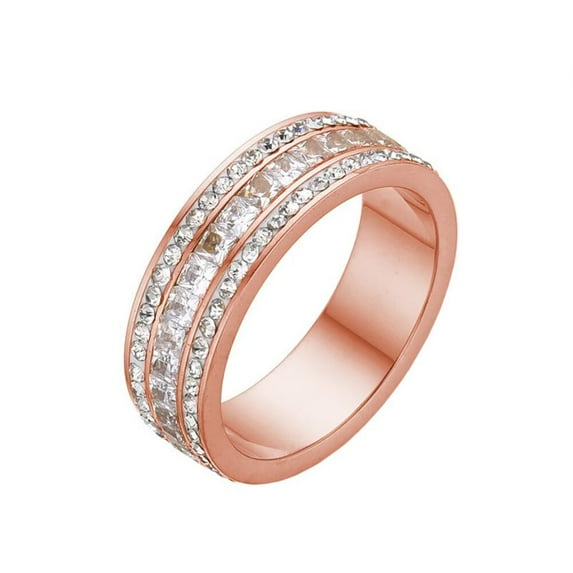 HIJONES Women's Stainless Steel 3 Rows Eternity Micro Pave Cz Stackable Ring Tiny Gold Plated Cubic Zirconia Inlaid Wedding Band Rose Gold Size 5