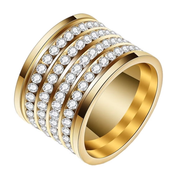 HIJONES Women's Stainless Steel 4 Rows White Plated Round-Cut Micro Pave Cubic Zirconia Crystal Ring Cocktail Jewelry Gold Size 7