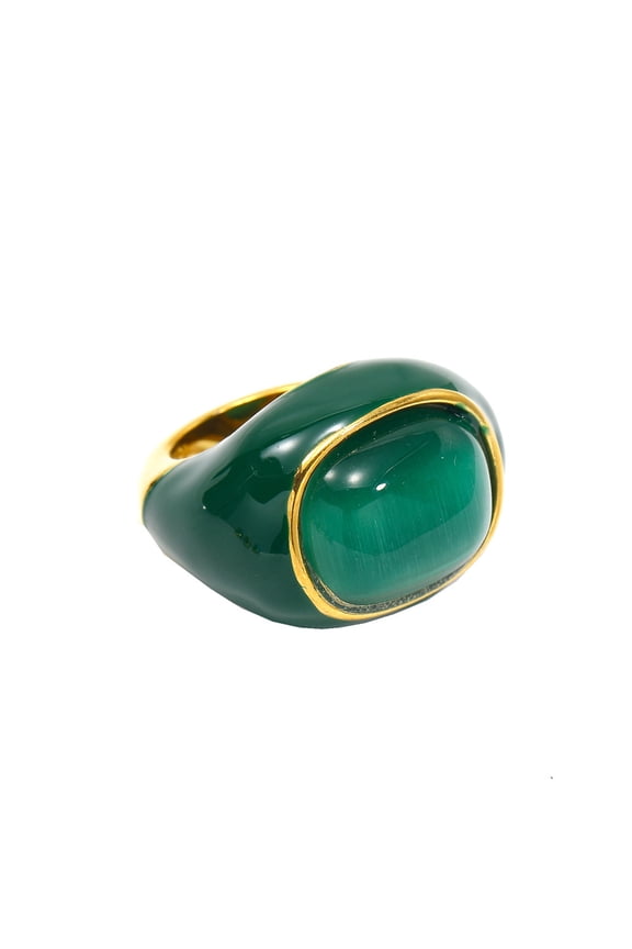 Women's Stainless Steel Bold Colorful Enamel Inlaid Natural Gemstone Ring Exaggerated Wedding Engagement Band Jewelry Gift Green Stone Size 7