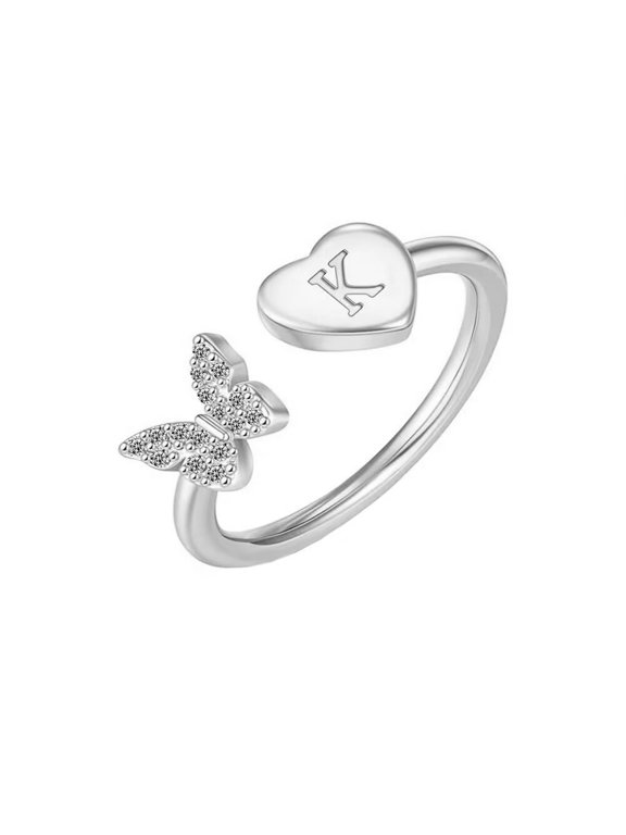 Women's Stainless Steel Butterfly Design Stackable Initial Letter Ring Adjustable K-Silver