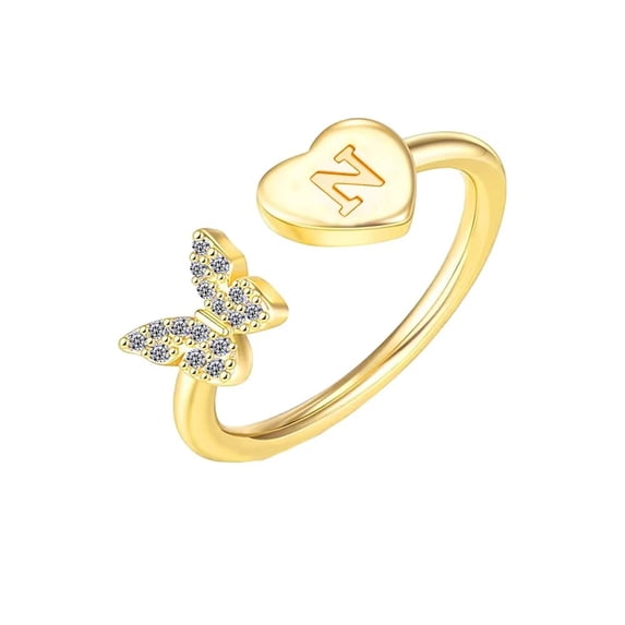 HIJONES Women's Stainless Steel Butterfly Design Stackable Initial Letter Ring Dainty Thin Alphabet Rings Jewelry Gifts Adjustable N-Gold
