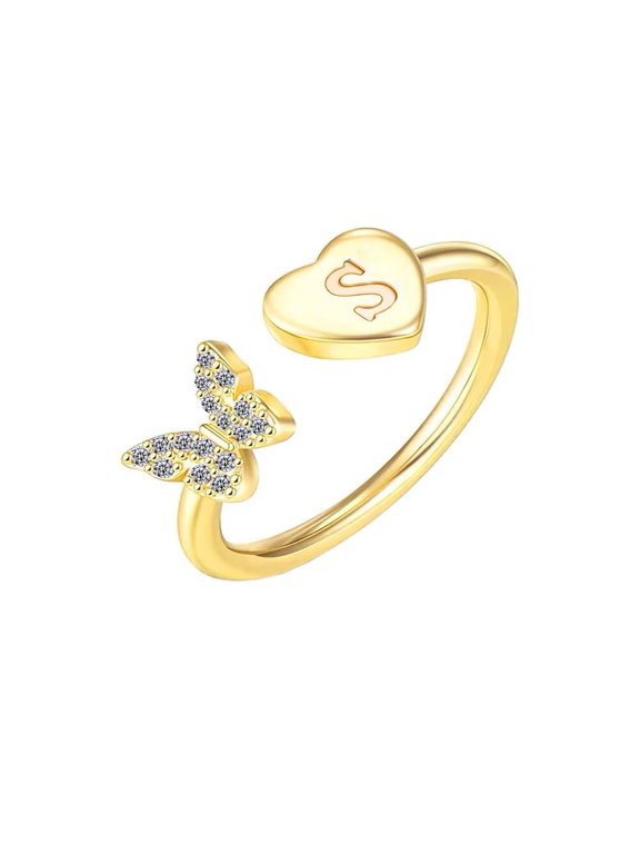 Women's Stainless Steel Butterfly Design Stackable Initial Letter Ring Dainty Thin Alphabet Rings Jewelry Gifts Adjustable S-Gold