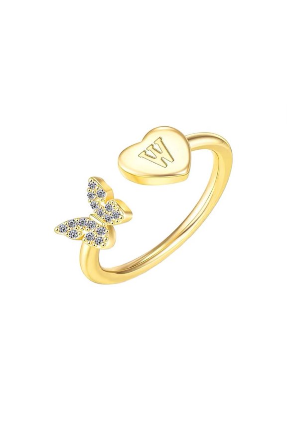 Women's Stainless Steel Butterfly Design Stackable Initial Letter Ring Dainty Thin Alphabet Rings Jewelry Gifts Adjustable W-Gold