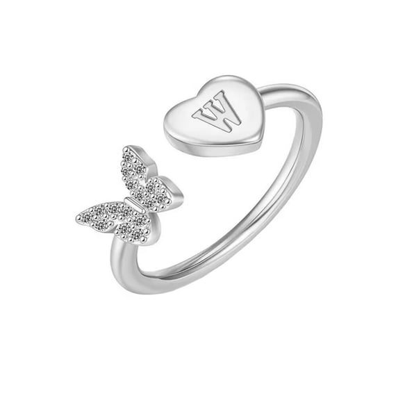 HIJONES Women's Stainless Steel Butterfly Design Stackable Initial Letter Ring Dainty Thin Alphabet Rings Jewelry Gifts Adjustable W-Silver