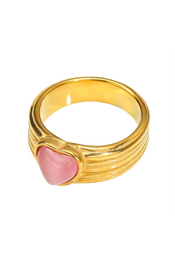 Women's Stainless Steel Cat's Eye Stone Statement Band Unique Ctrystal Heart Gold Plated Wedding Ring Pink Size 10