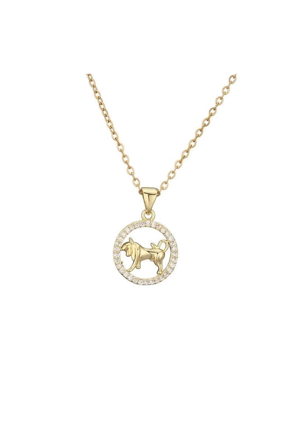 Women's Stainless Steel Classic Zodiac Sign Round Hollow Cubic Zirconia Inlay Gold Pendant Necklace Taurus