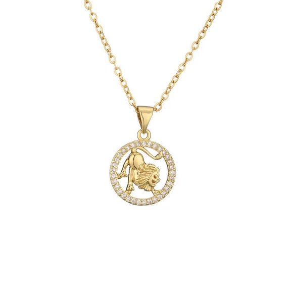 HIJONES Women's Stainless Steel Classic Zodiac Sign Round Hollow Cubic Zirconia Inlay Gold Pendant Necklace Lucky Horoscope Constellation Collarbone Necklace Leo