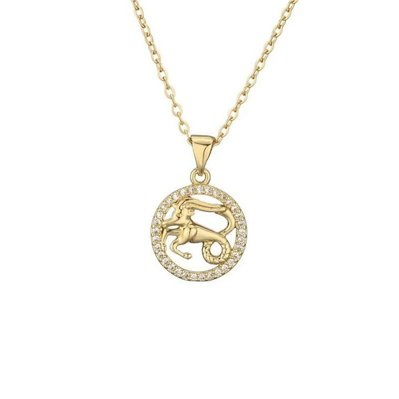 HIJONES Women's Stainless Steel Classic Zodiac Sign Round Hollow Cubic Zirconia Inlay Gold Pendant Necklace Lucky Horoscope Constellation Collarbone Necklace Aries