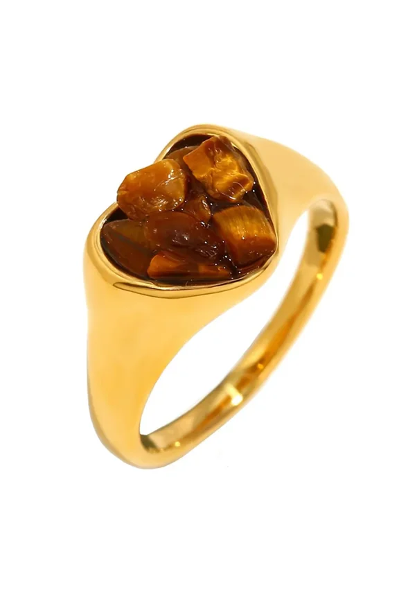 Women's Stainless Steel Crushed Stone Heart Gemstone Classic Vintage Wedding Engagement Statement Ring Brown Size 7