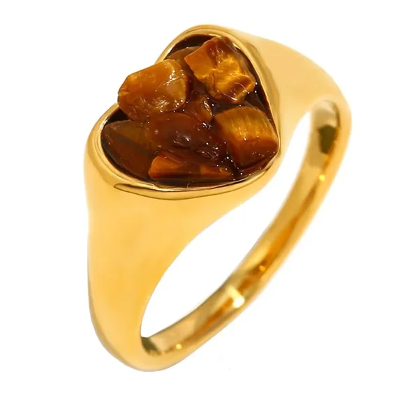HIJONES Women's Stainless Steel Crushed Stone Heart Gemstone Classic Vintage Wedding Engagement Statement Ring Brown Size 8