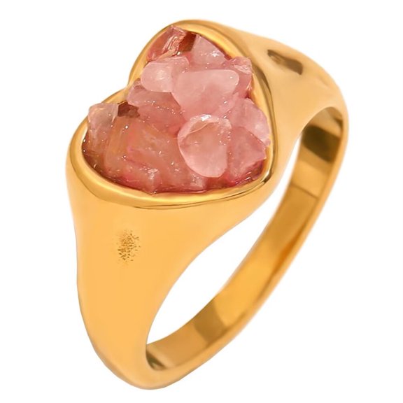 HIJONES Women's Stainless Steel Crushed Stone Heart Gemstone Classic Vintage Wedding Engagement Statement Ring Pink Size 8