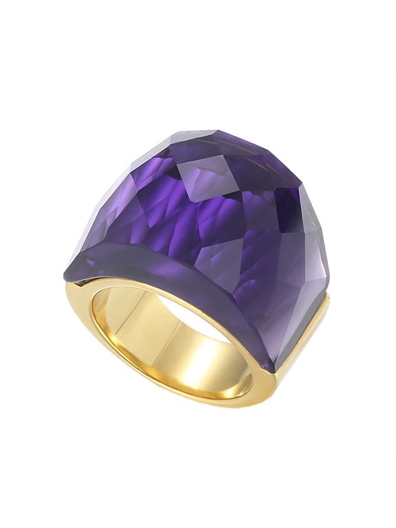 Women's Stainless Steel Ring Statement Finger Jewelry Simple Design Gold Plated Purple Stone Size 8
