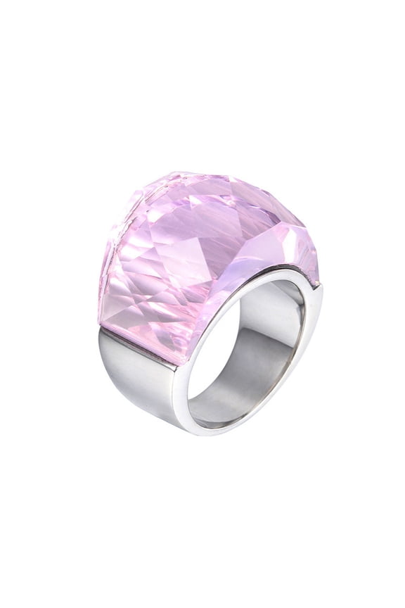 Women's Stainless Steel Crystal Glass Gemstone Cubic Zircon Chunky Cocktail Ring Sparkle Wedding Finger Jewelry Silver Pink Stone Size 7
