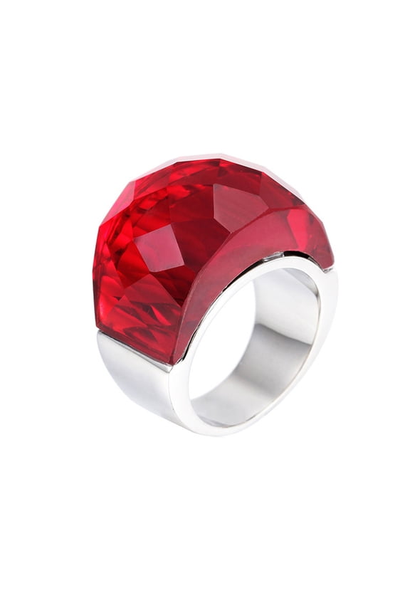 Women's Stainless Steel Crystal Glass Gemstone Cubic Zircon Chunky Cocktail Ring Sparkle Wedding Finger Jewelry Silver Red Stone Size 10